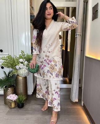 Cream printed pure cotton kurta pant set 5