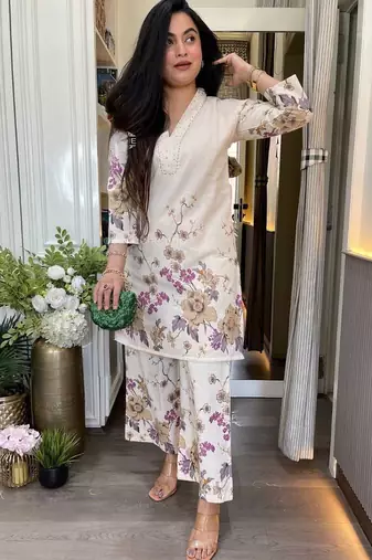 Cream printed pure cotton kurta pant set