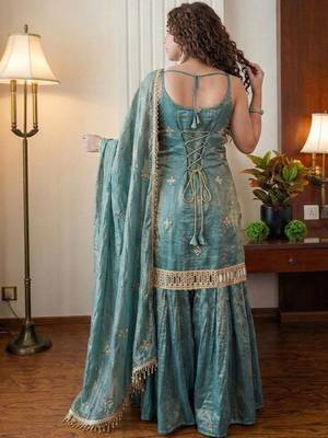 Rama green embroidered shimmer silk sharara salwar suit set with dupatta 3