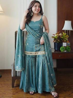 Rama green embroidered shimmer silk sharara salwar suit set with dupatta 5