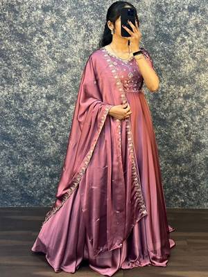 Peach embroidered vichitra silk anarkali gown with dupatta set 1