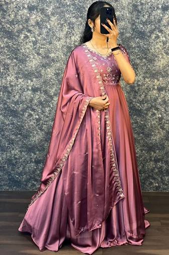 Peach embroidered vichitra silk anarkali gown with dupatta set