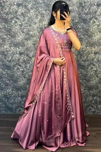 Peach embroidered vichitra silk anarkali gown with dupatta set