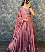 Peach embroidered vichitra silk anarkali gown with dupatta set