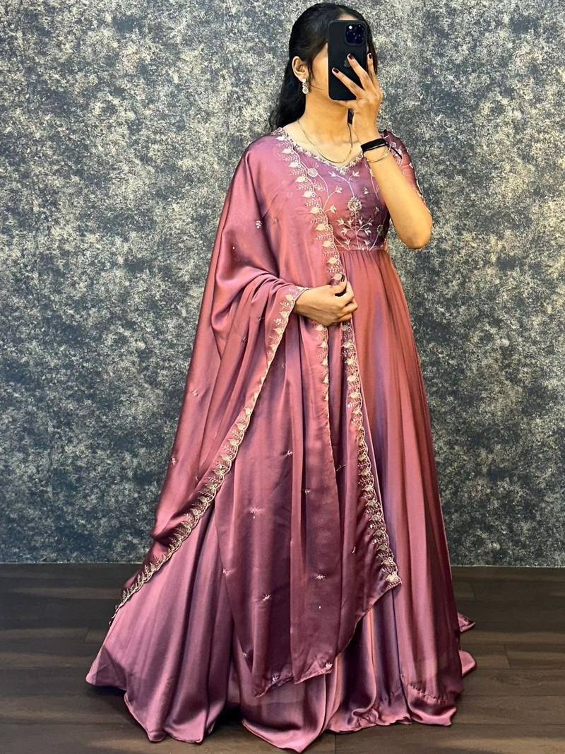 Peach embroidered vichitra silk anarkali gown with dupatta set