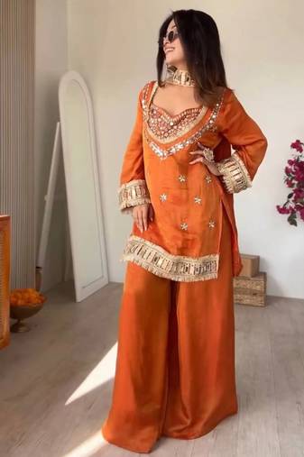 Orange embroidered mirror work chinon silk kurta palazzo set with striped dupatta