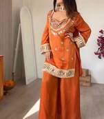 Orange embroidered mirror work chinon silk kurta palazzo set with striped dupatta