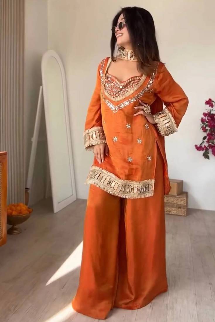 Orange embroidered mirror work chinon silk kurta palazzo set with striped dupatta
