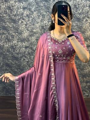 Peach embroidered vichitra silk anarkali gown with dupatta set 2