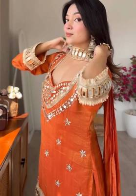 Orange embroidered mirror work chinon silk kurta palazzo set with striped dupatta 2