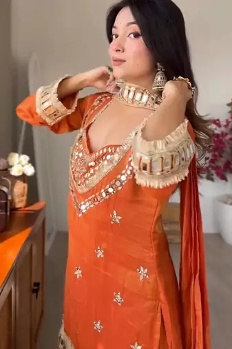 Orange embroidered mirror work chinon silk kurta palazzo set with striped dupatta