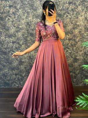 Peach embroidered vichitra silk anarkali gown with dupatta set 3