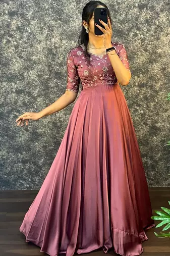 Peach embroidered vichitra silk anarkali gown with dupatta set