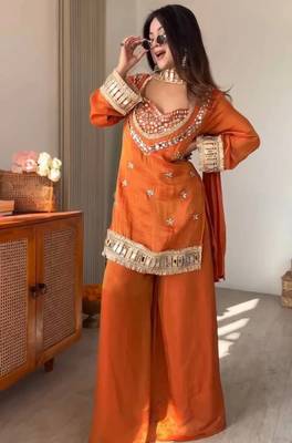 Orange embroidered mirror work chinon silk kurta palazzo set with striped dupatta 3