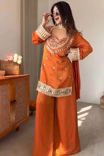 Orange embroidered mirror work chinon silk kurta palazzo set with striped dupatta