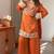 Orange embroidered mirror work chinon silk kurta palazzo set with striped dupatta