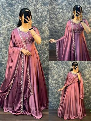 Peach embroidered vichitra silk anarkali gown with dupatta set 4