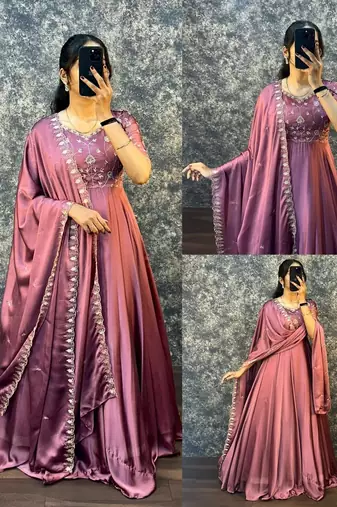 Peach embroidered vichitra silk anarkali gown with dupatta set