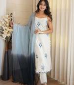 Off white embroidered cotton flex kurta pant set with dyeable kota doria dupatta