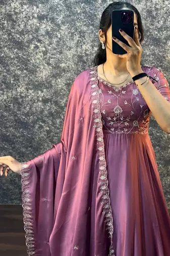 Peach embroidered vichitra silk anarkali gown with dupatta set