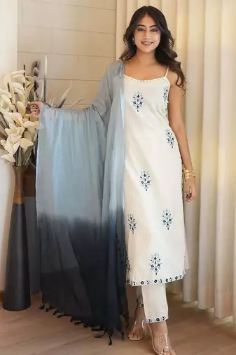 Off white embroidered cotton flex kurta pant set with dyeable kota doria dupatta