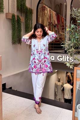 Cream printed pure cotton kurta pant set 4