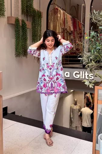 Cream printed pure cotton kurta pant set