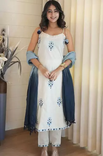 Off white embroidered cotton flex kurta pant set with dyeable kota doria dupatta