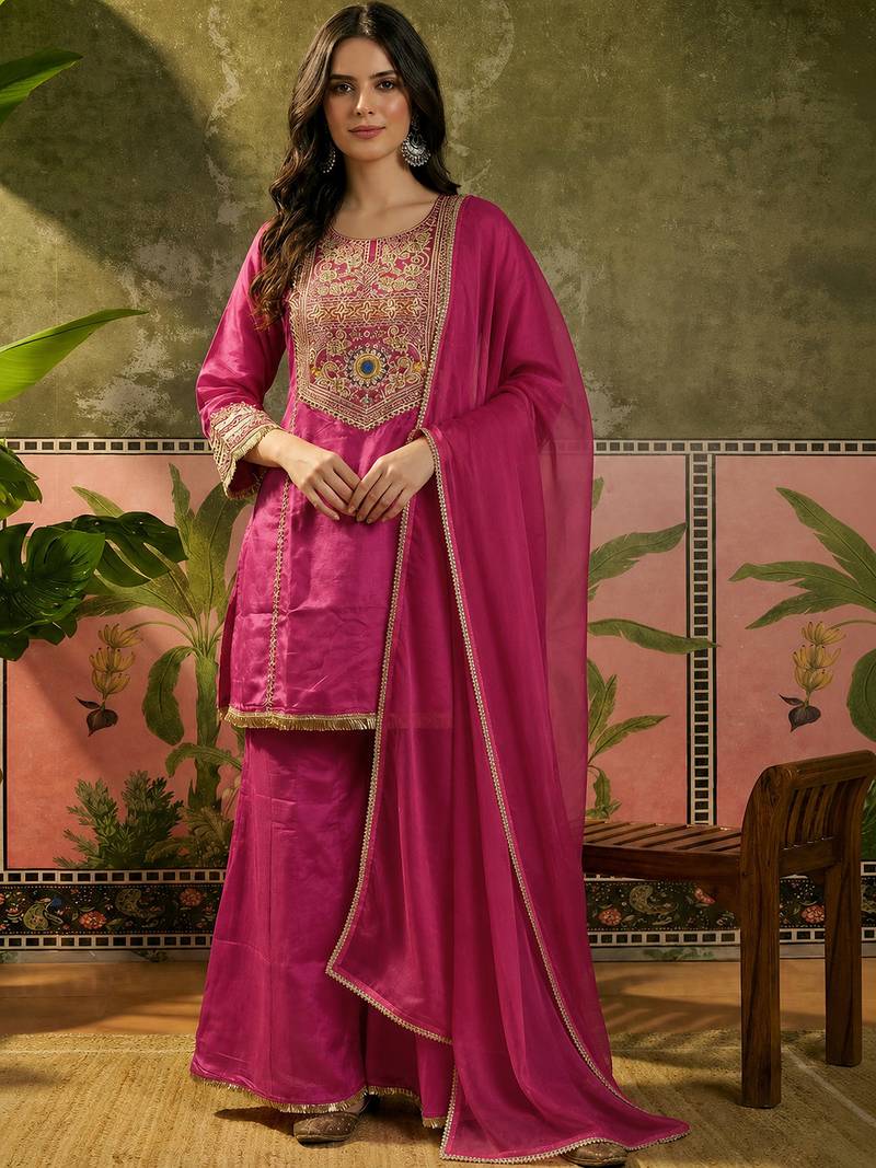 Pink embroidered french crepe kurta palazzo set with organza silk dupatta
