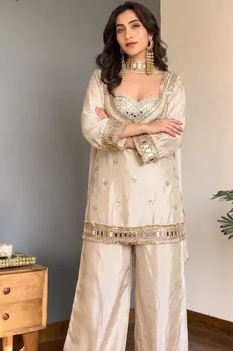 Cream embroidered mirror work chinon silk kurta palazzo set with striped dupatta