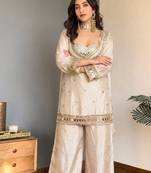Cream embroidered mirror work chinon silk kurta palazzo set with striped dupatta