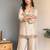 Cream embroidered mirror work chinon silk kurta palazzo set with striped dupatta