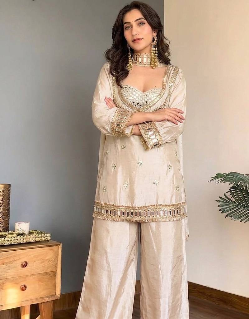 Cream embroidered mirror work chinon silk kurta palazzo set with striped dupatta