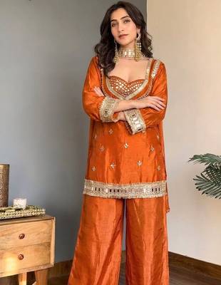 Orange embroidered mirror work chinon silk kurta palazzo set with striped dupatta 4