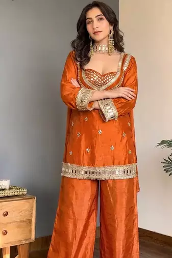 Orange embroidered mirror work chinon silk kurta palazzo set with striped dupatta