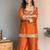 Orange embroidered mirror work chinon silk kurta palazzo set with striped dupatta