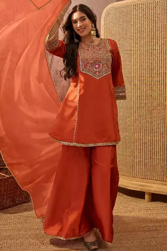 Orange embroidered french crepe kurta palazzo set with organza silk dupatta