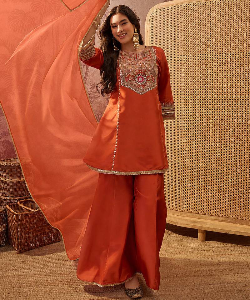 Orange embroidered french crepe kurta palazzo set with organza silk dupatta