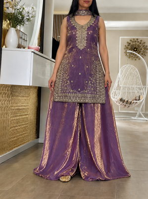 Onion pink embroidered shimmer silk kurta with palazzo and dupatta set 2