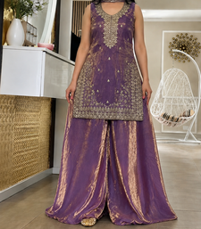 Onion pink embroidered shimmer silk kurta with palazzo and dupatta set