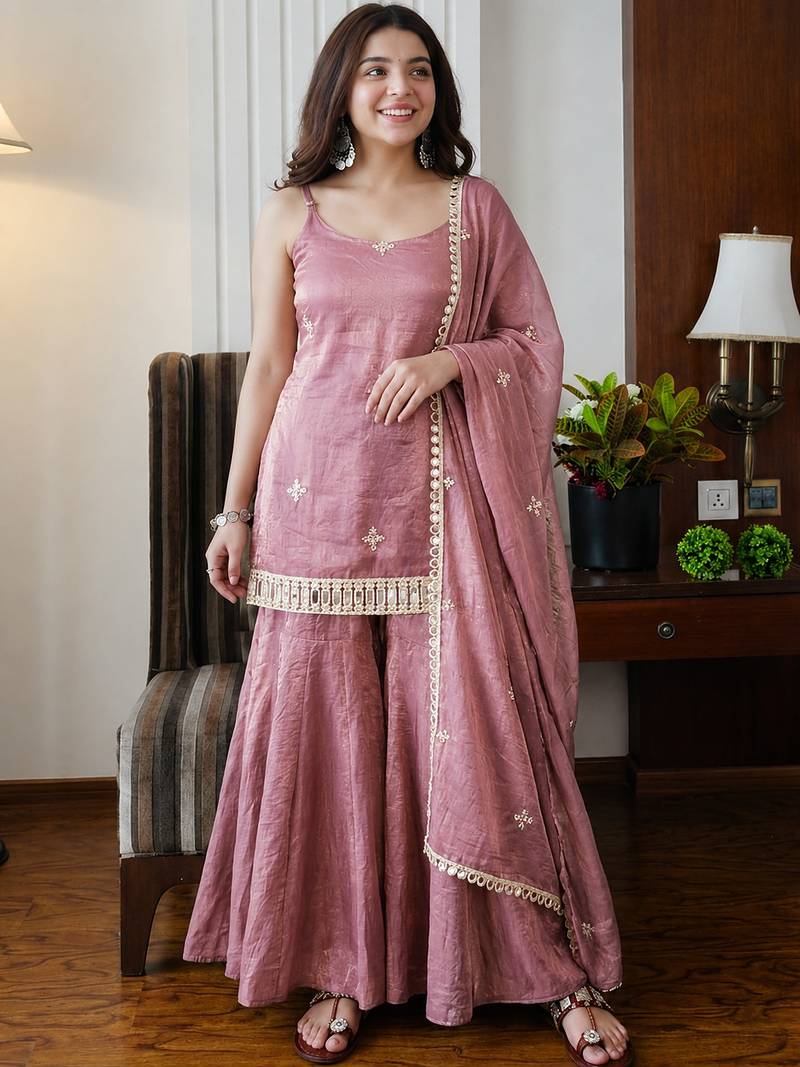 Peach embroidered shimmer silk sharara salwar suit set with dupatta