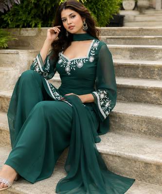 Zari green embroidered georgette kurta palazzo set with dupatta 3