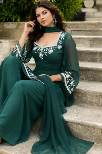 Zari green embroidered georgette kurta palazzo set with dupatta