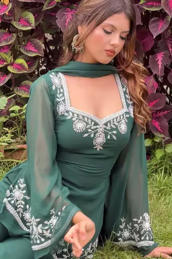 Zari green embroidered georgette kurta palazzo set with dupatta