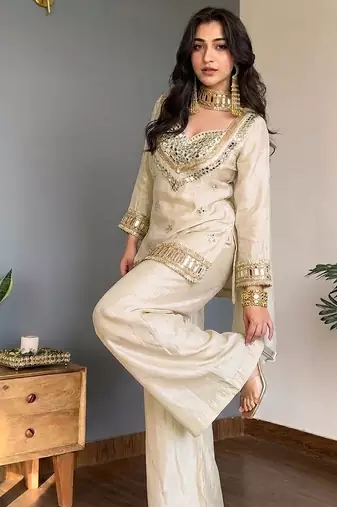 Cream embroidered mirror work chinon silk kurta palazzo set with striped dupatta