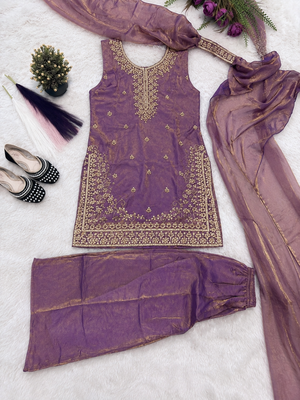 Onion pink embroidered shimmer silk kurta with palazzo and dupatta set 3