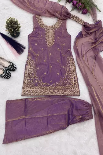 Onion pink embroidered shimmer silk kurta with palazzo and dupatta set