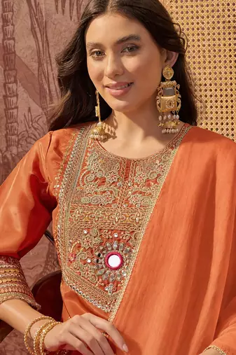 Orange embroidered french crepe kurta palazzo set with organza silk dupatta