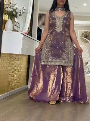 Onion pink embroidered shimmer silk kurta with palazzo and dupatta set 4