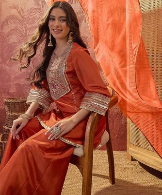 Orange embroidered french crepe kurta palazzo set with organza silk dupatta 4